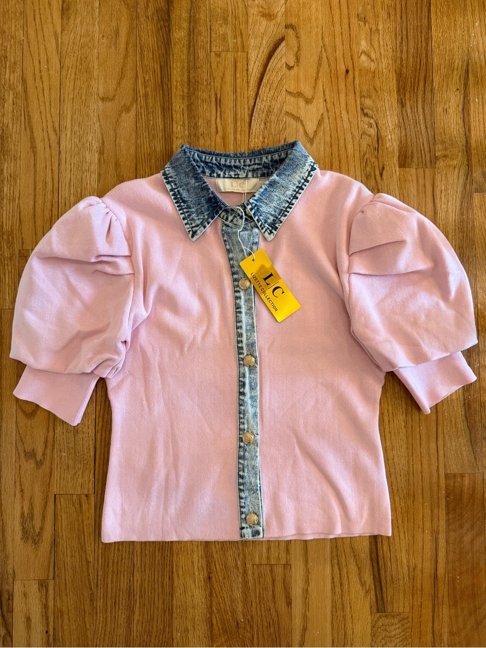 Lizette Colllection Pink Puff Sleeve Sweater Top with Denim Trim